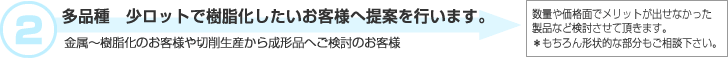 ２.多品種　少ロットで樹脂化したいお客様へ提案を行います。　金属～樹脂化のお客様や切削生産から成形品へご検討のお客様